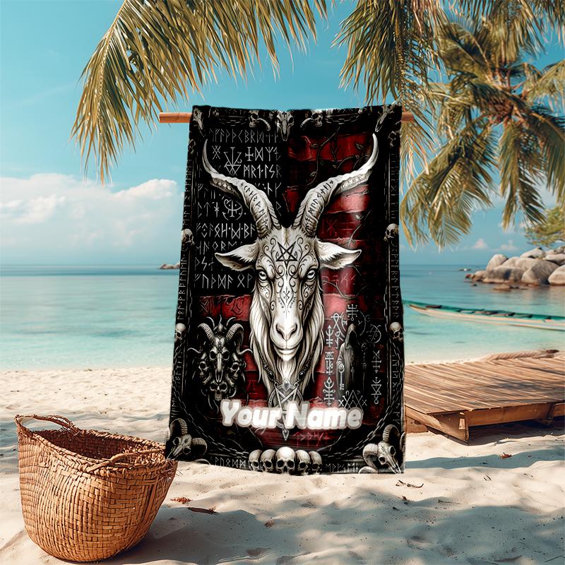 1PC Custom Name "Runic Goat Totem" Beach Towel Highly Absorbent And Sand-Resistant Towel for Swimming, Pool, Yoga, And Travel Lightweight