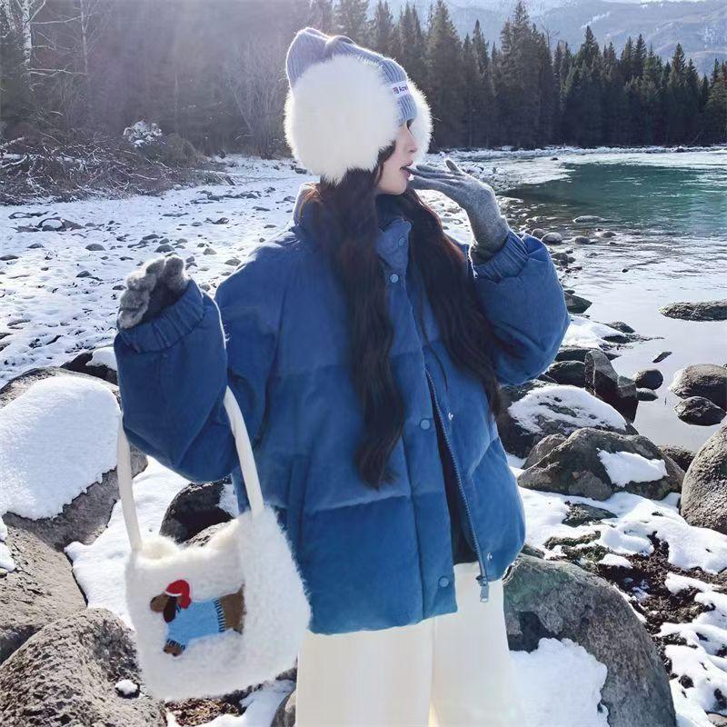 Corduroy Puffer Jacket Women Winter 2026 Short Thick Warm Stand Collar Cotton Coat Student Style