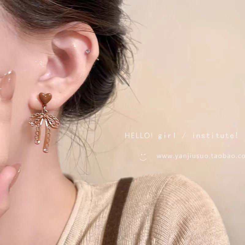 Серьги-бантики в стиле ретро с винно-красным сердцем — стиль Гонконга для женщин, повседневные и универсальные аксессуары