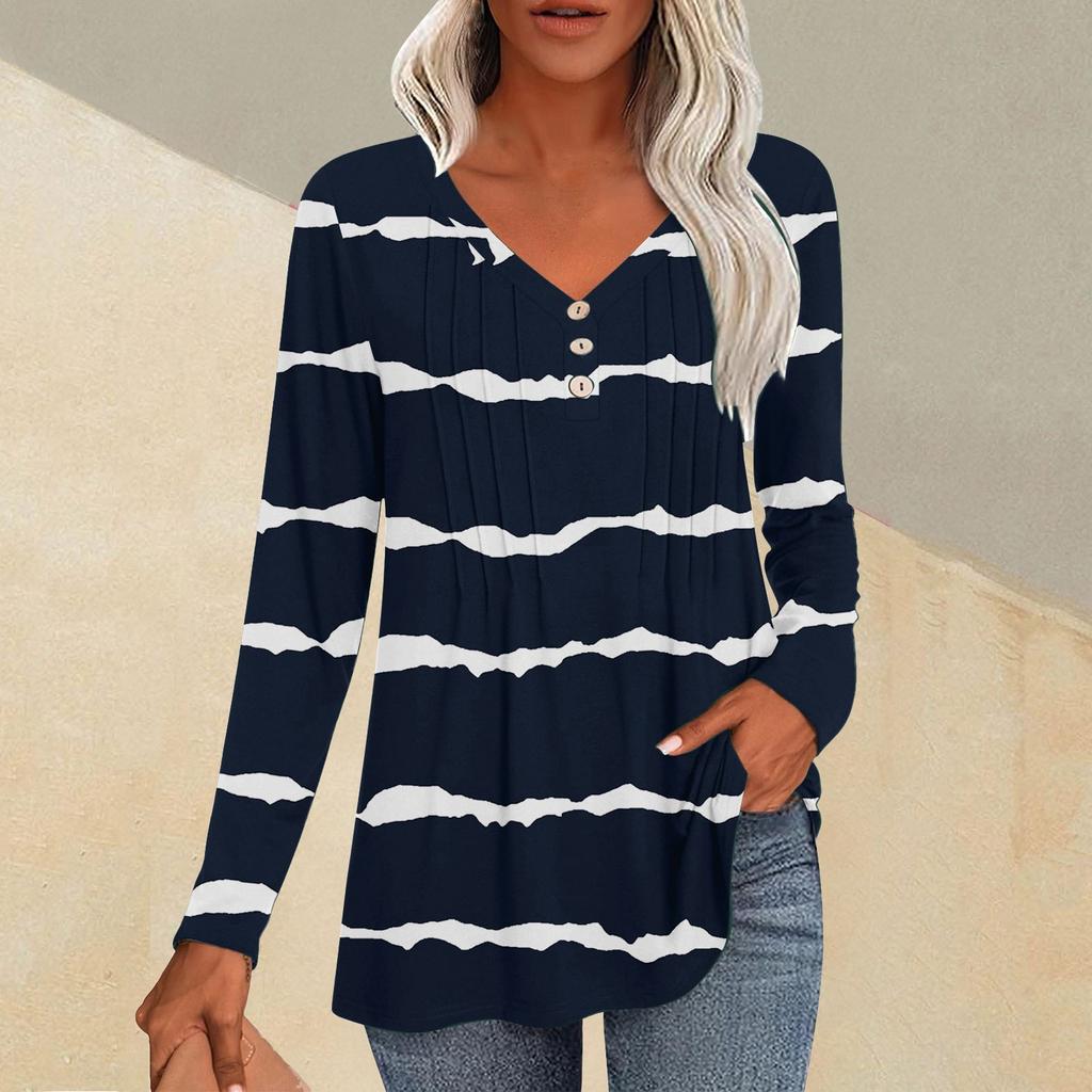 Women's Fashion Casual Pleated V-Neck Striped Printed Long Sleeve T-Shirt Top