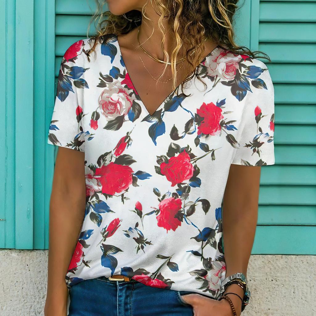 Летний топ с V-образным вырезом, 3D-принтом с красивым цветочным узором, модная повседневная женская футболка с коротким рукавом