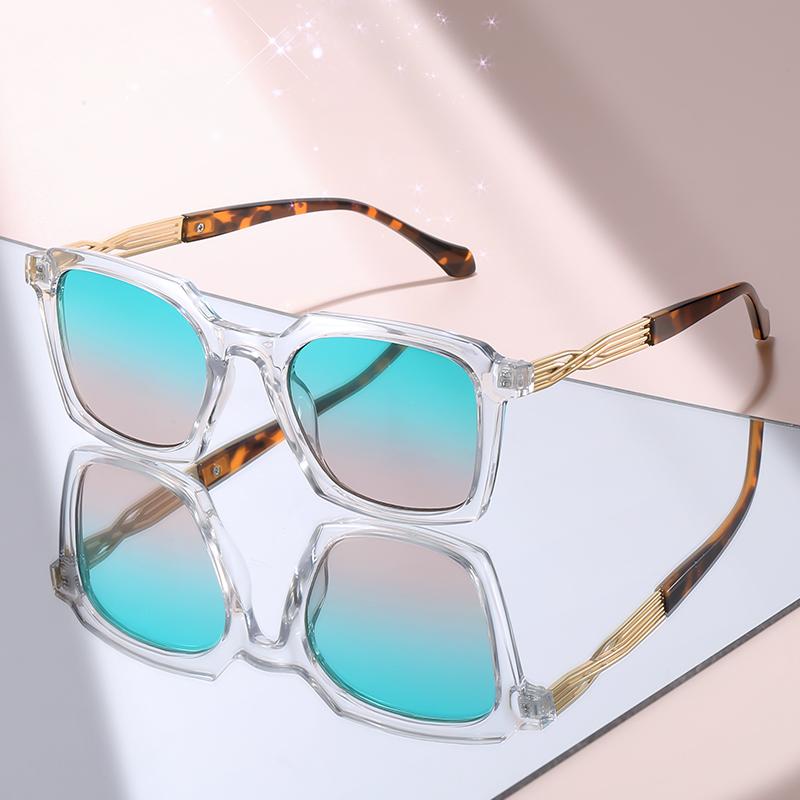 New Trendy Clear Square Sunglasses with Blue Pink Gradient Lens, Gold Twisted Temple Fashion Eyewear for Men & Women Daily Wear