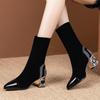 Fashion Pointed Toe Sock High Boots  New Luxury Rhinestone Square Heel Short Boots Winter Shoes Black Female Footwear