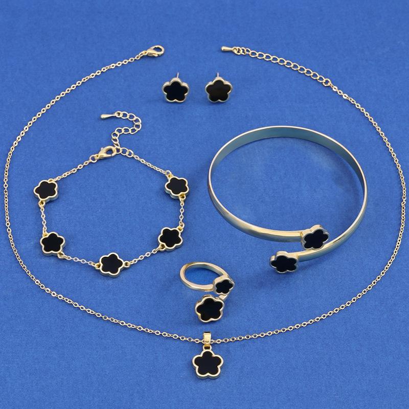 1set Radiant Lucky Flower Jewelry Set Sparkling Earrings, Necklace, Bracelet, Bangle & Ring - Fashion-Forward Alloy Ensemble for Women - Perfect Gift