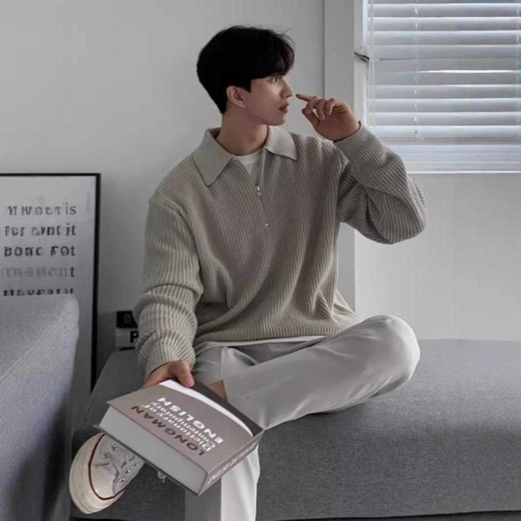 Lapel Sweater Men Warm Fashion Casual Knit Pullover Men Korean Loose Zipper Long Sleeve Sweater Mens Jumper Clothes