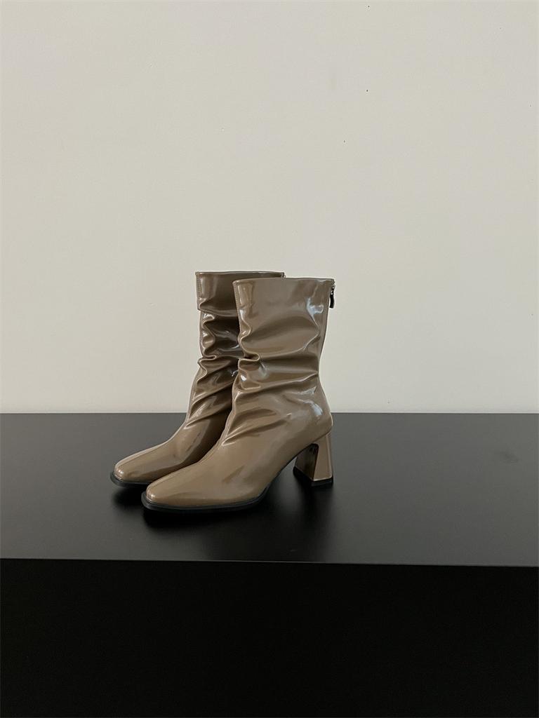 2025 New Spring and Autumn Square Head Thick Heel Temperament French High Heel Elastic Thin Boots British Style Pleated Stacking Boots Women