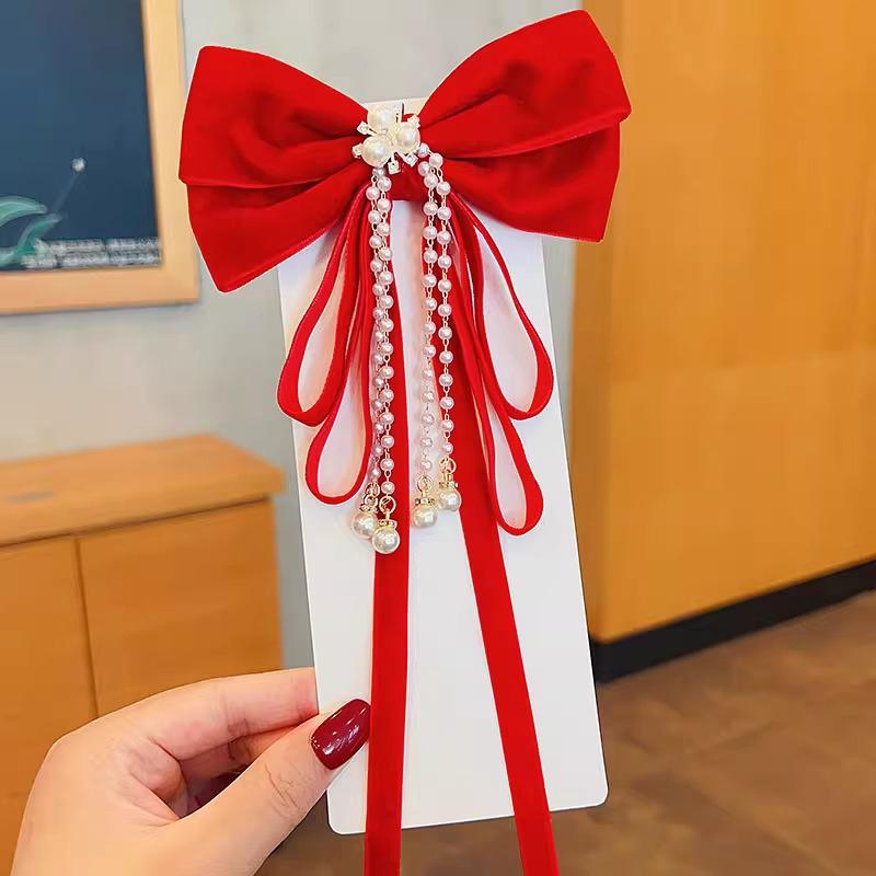 Новогодняя красная блестящая бархатная заколка-бантик для волос на Рождество, благоприятная лента-бантик для волос, женские аксессуары для волос для девочек