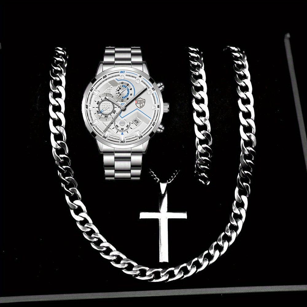 Watch Four-Piece Men'S Accessories Watch Necklace Bracelet Cross Necklace