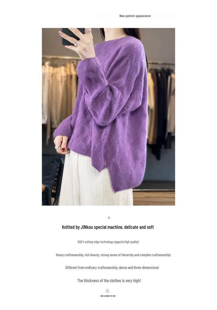 2023 Women's Long Sleeve Wool Knit Pullover - Loose Fit, Round Neck, Solid Color, Autumn/Winter Jacquard Style
