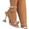 Rhinestone Bowknot Women Sandals PVC Jelly Transparent Perspex High Heels Summer Sexy Square Toe Strap Shoes Plus Size