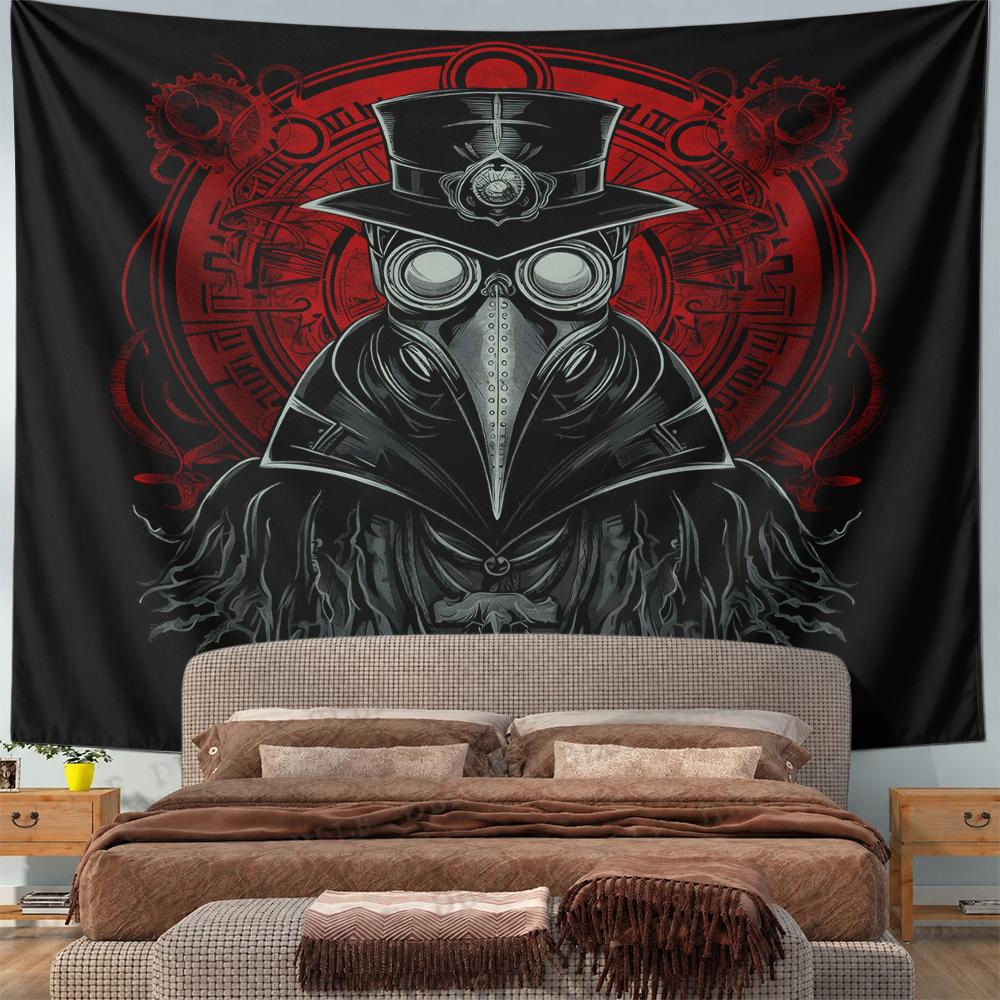 Plague Doctor Steampunk Wall Tapestry Top Hat Goggles Red Occult Circle Dark Decor for Man Cave Bedroom Gift