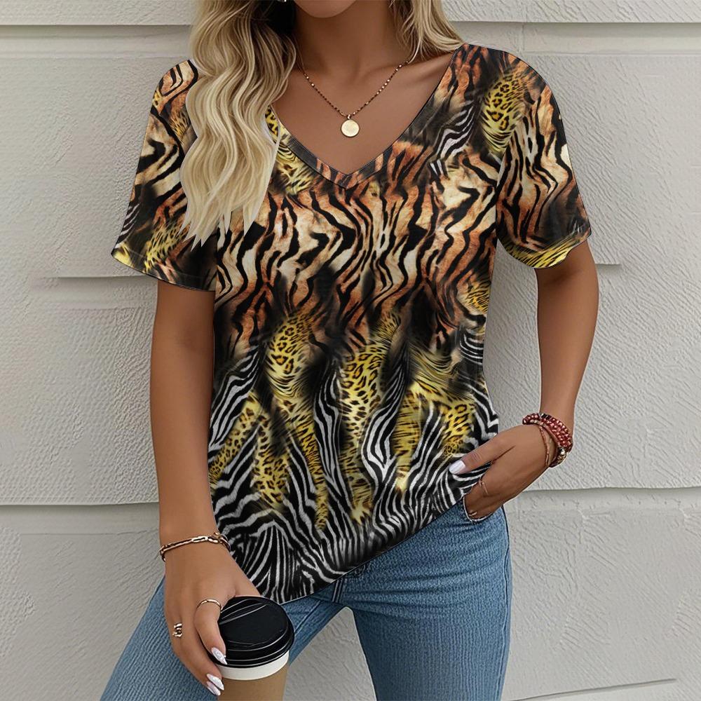 Летняя винтажная женская футболка Повседневная графическая печать Одежда больших размеров Верхняя одежда с V-образным вырезом и коротким рукавом Футболки уличной моды