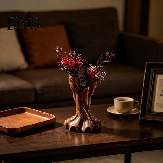 3D Printed Flower Vase Vase, Matte Wood Grain Double Tube Ornament, Mid Unique Resin Holder Century Style Floral Arrangement, for Dried Flowers