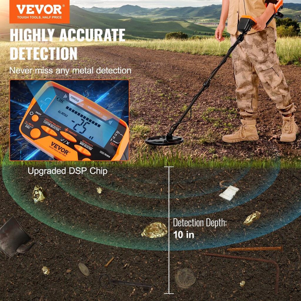 Metal Detector for Adults & Kids, 10 Inch Waterproof Search Coil with LCD Display 7 Modes, Adjustable 41''-52'' Aluminum Stem, DSP Chip Higher