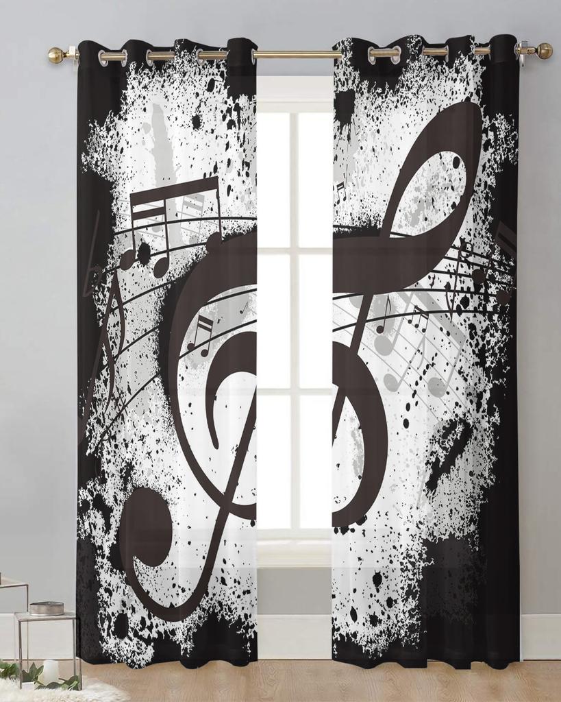 Music Notes Dot Drop Quaver Black Splash Ink Art Sheer Curtains for Living Room Window Curtains Kitchen Tulle Voile Curtains