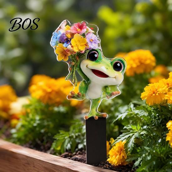 UV Printed Garden Art Cartoon Frog Stake, 2D Acrylic Cute Decoration, Waterproof 3D Effect Stake Outdoor Yard for Lawn Flower Bed Planter Decor