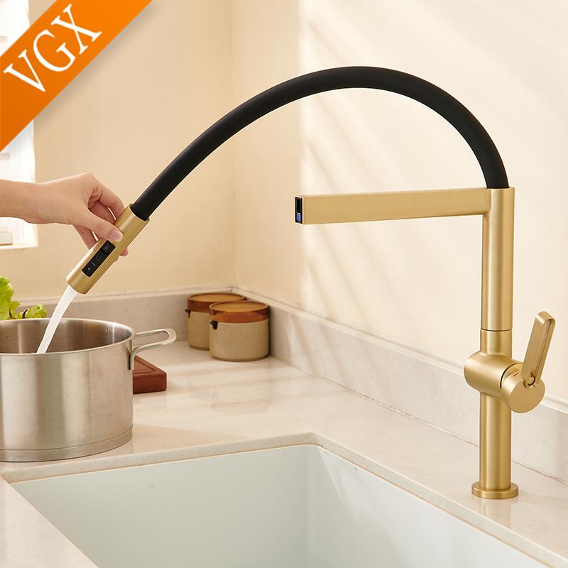 VGX Kitchen Faucet Sink Faucets Rubber Pull Down Stream Sprayer Taps Rotatable Kitchen Mixer Water Tap Hot Cold Crane Brass Gold