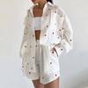 Women's Spring Ruffle Love Print Long Sleeve Shirt Wide Leg Shorts Casual Suit