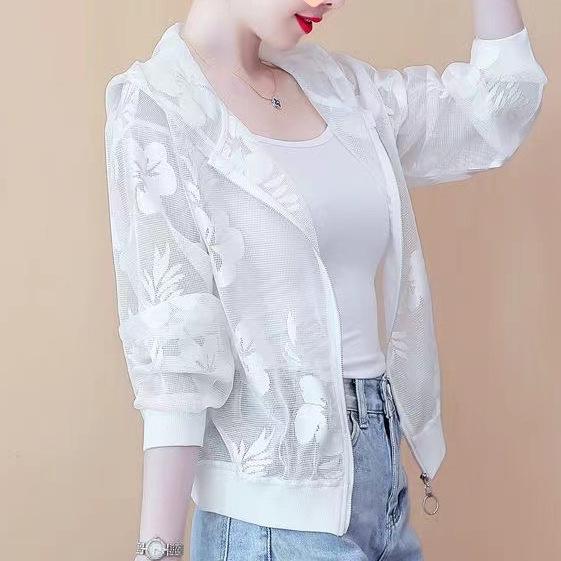 Женская легкая короткая однотонная солнцезащитная куртка летняя куртка больших размеров с сетчатым кружевом и капюшоном