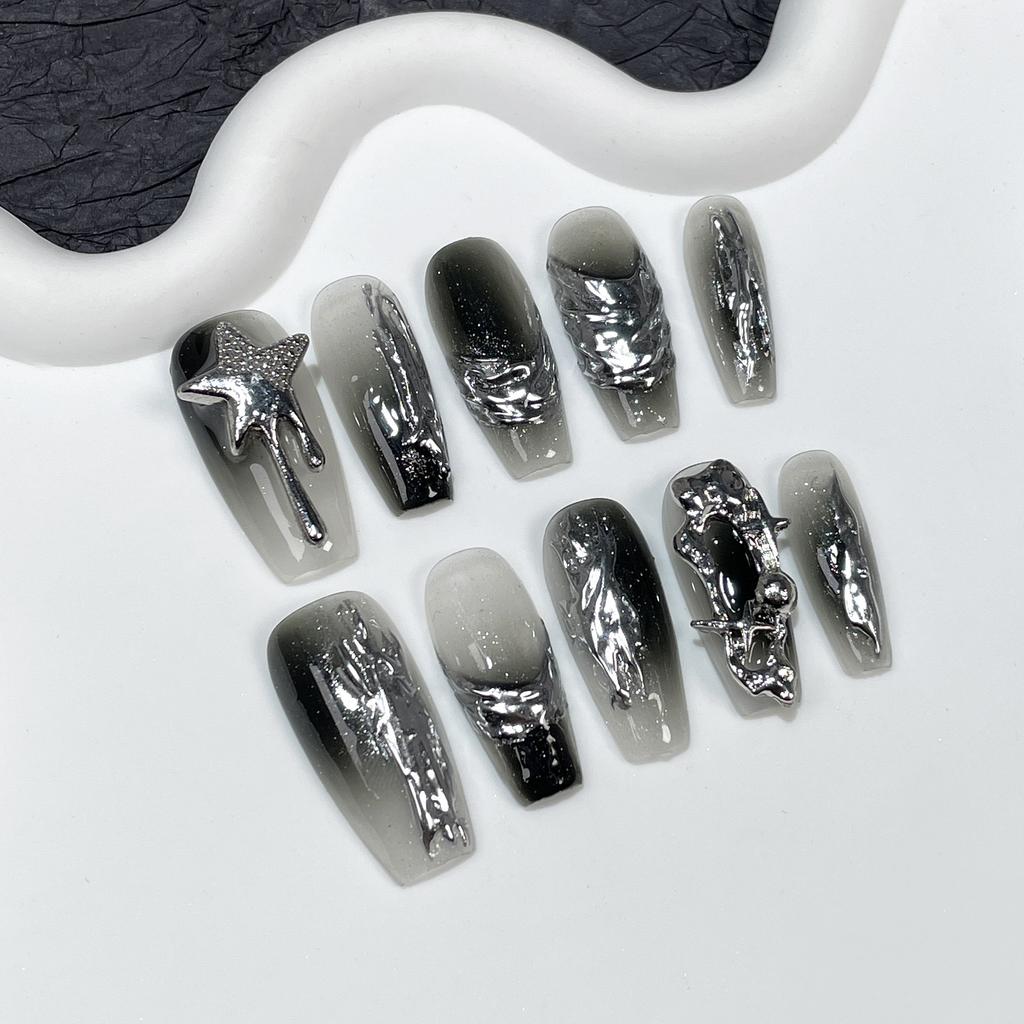 10pcs Y2K Black Pink Grid Press On Nails 3D Star Heart Halo Dyeing Coffin Shape Long Fake Nail Tips