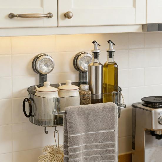 Полка для душа без сверления, съемная полка для хранения на присосках с крючками, настенный прозрачный ящик для хранения, органайзер для ванной для душевых принадлежностей