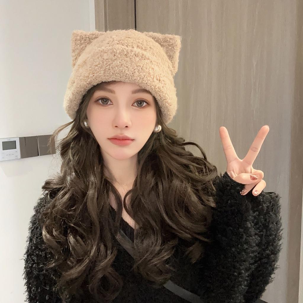 Шапка женская зимняя теплая ушки милая и милая защита ушей плюшевая шапка вязаная универсальная повседневная утепленная шерстяная шапка прилив