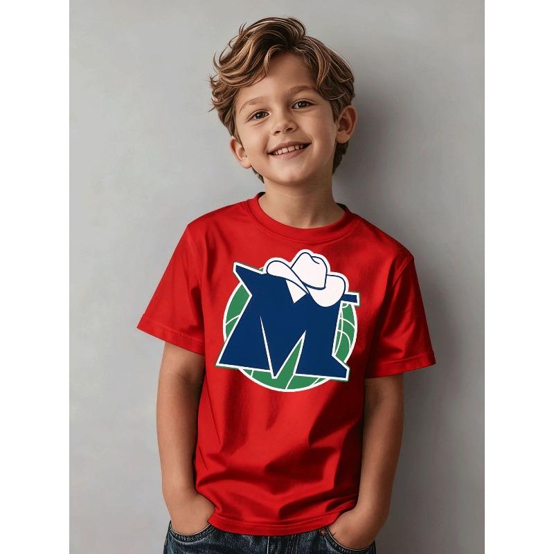 Boys Letter M Basketball Cowboy Hat Print Crewneck Tee