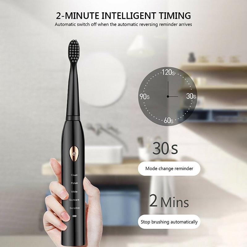 PDTO Adult Sonic Electric Toothbrush Waterproof 5 Modes +4 Brush Heads