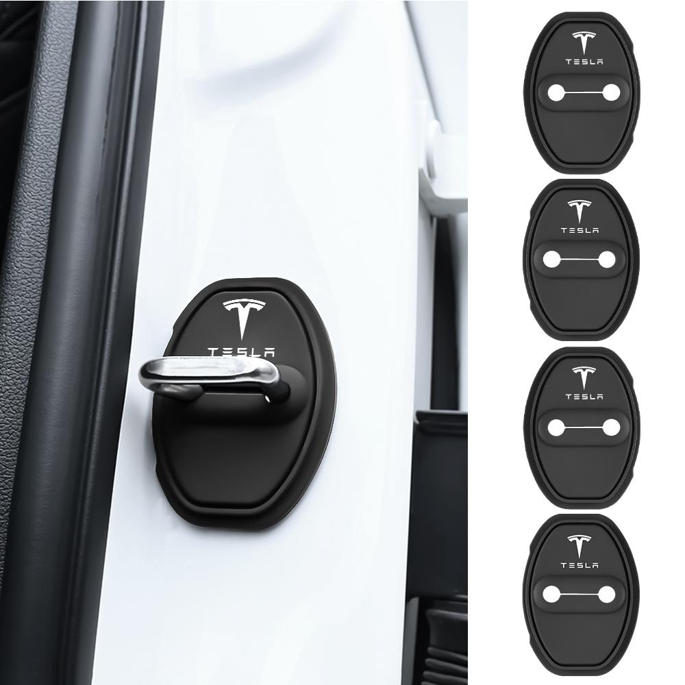 QPPU3 4pcs Car Logo Silicone Door Lock Protective Cover Sticker For Tesla Model 3 Model S X Model Y Roadster Cybertruck Semi Accessory