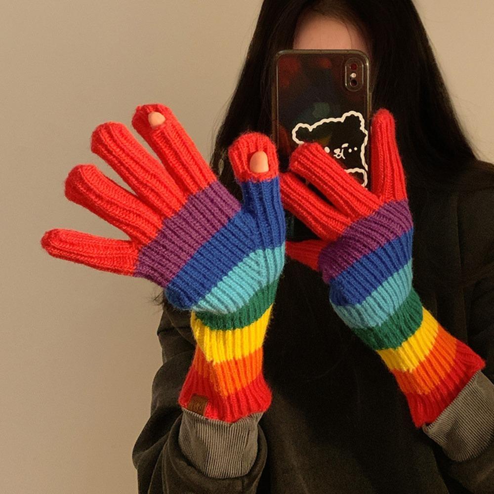 Warm Open Finger Gloves Rainbow Touch Screen gloves Korean Women's Gloves Girl