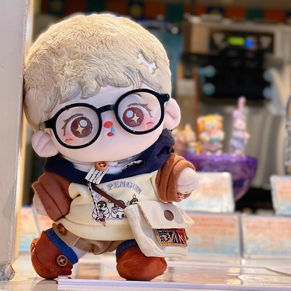 niannyyhouse 20cm Plush Toy Clothes, Color Blocking, Hoodie, Jeans, Shoes, Scarf, Glasses, Backpack, Cotton Doll Clothes, Dress-Up (Coffee)