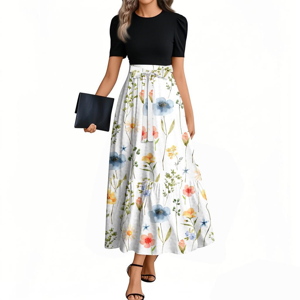 Женское модное повседневное платье с коротким рукавом и круглым вырезом с цветочной вышивкой, элегантное, темпераментное