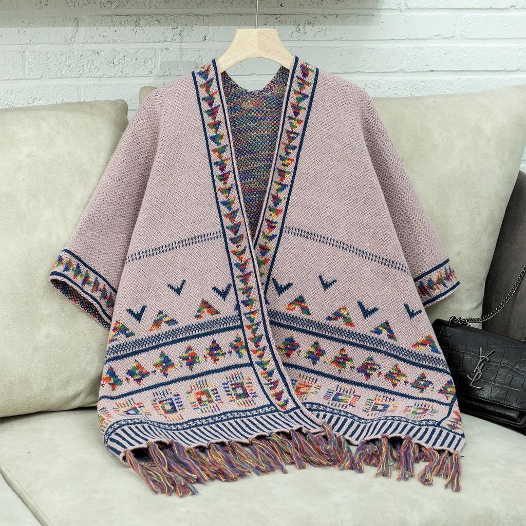 Autumn and Winter Women Print Loose Bat Sleeve Cross Border Cloak Cardigan Knitwear V-Neck Sweater