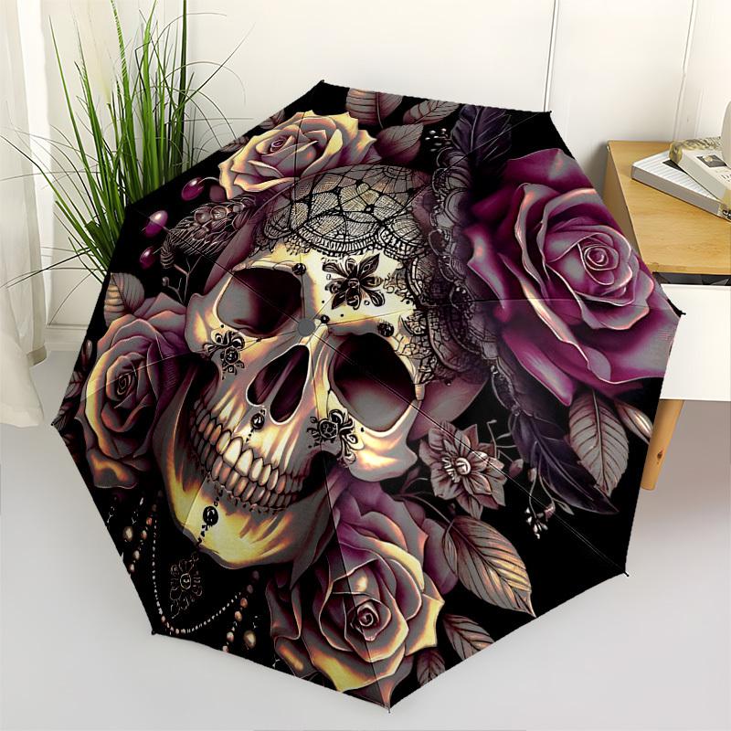 Skull,Roses Automatic Folding Umbrella Compact 8 rib Design,Unique Style,Suitable for Everyday Outdoor Use,Perfect Gift for Friends an