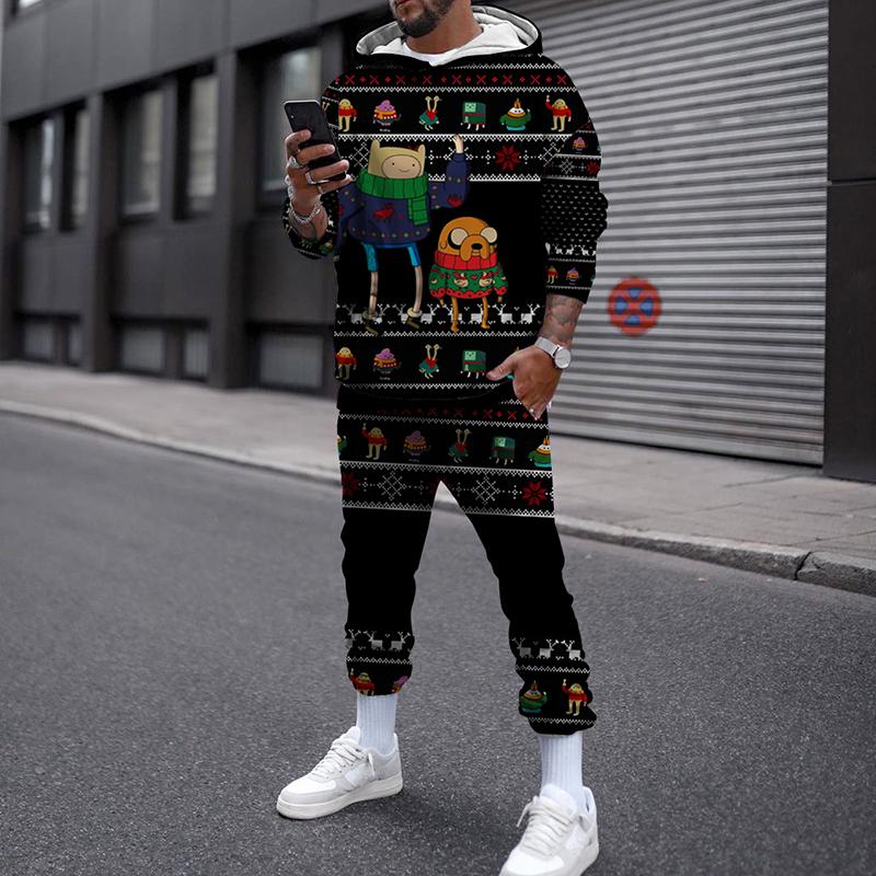 Зимний рождественский комплект с капюшоном для мужчин и женщин, уличная одежда, повседневный пуловер, свободный спортивный костюм для бега, толстовки с 3D принтом + длинные брюки