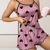 2 Pcs/Set Women Summer Pajama Set Heart Print Backless Sleeveless Spaghetii Strap Shirring Edge Elastic Waist Shorts Vest Set Sleepwear Daily