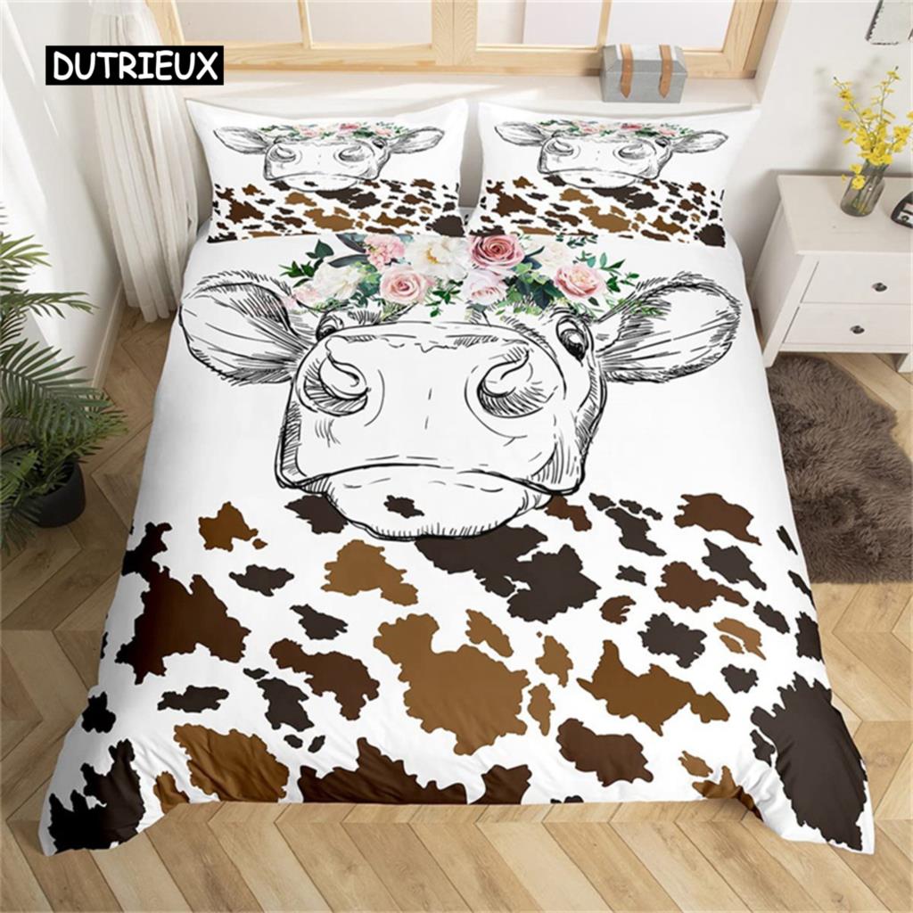 Пододеяльник Highland Cow Microfiber Western Farmhouse Animal Bedding Set Leopard Cow Skin Fur Floral Print Sheer Room