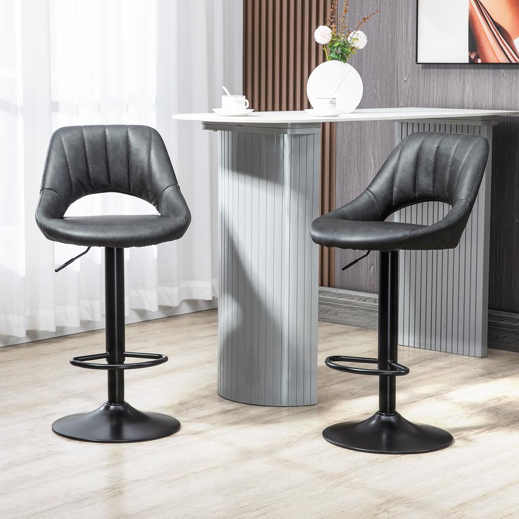 Bar Stools Set Of 2 PU Leather Swivel Barstools With Backrest And Footrest For Kitchen Counter Breakfast Bar Grey
