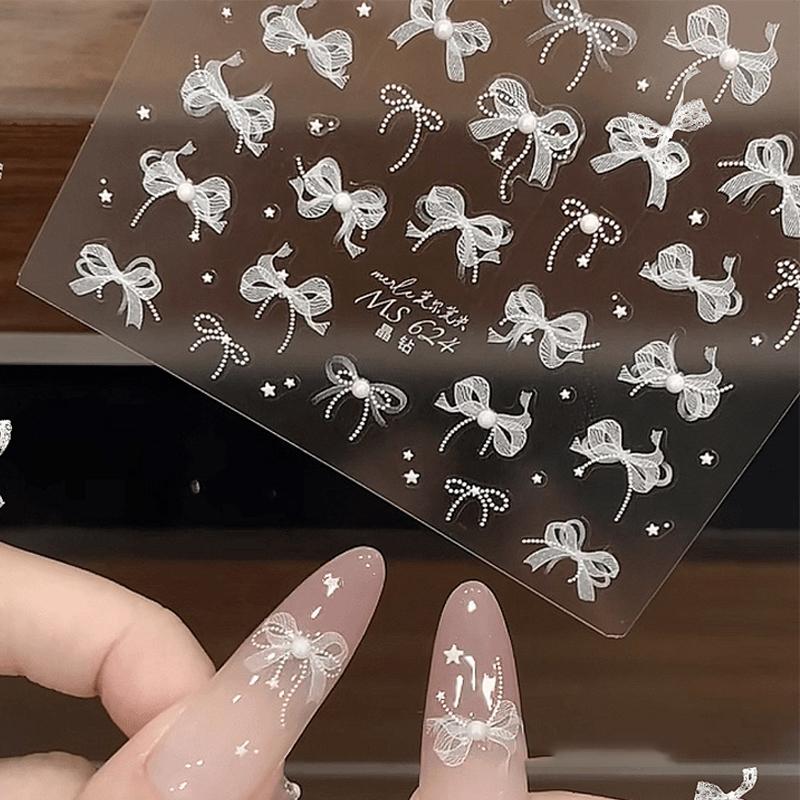 Наклейка для ногтей в форме банта из жемчужного кружева с рельефными бриллиантами, клейкая наклейка для улучшения стереоскопического дизайна своими руками