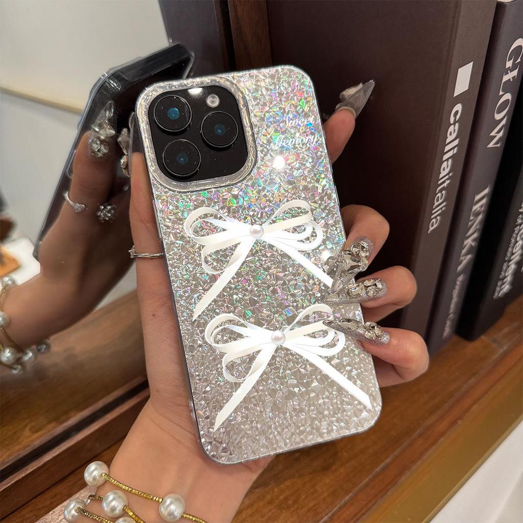 Чехол для iphone 11 XS Max 18 Pro Max Air 17 Pro 16 Plus XR 12 14 15 13 Серебряный Блеск Трескающийся Фон Белый Бант