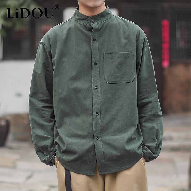 Весенне-осенняя рубашка с длинным рукавом для мужчин, воротник-стойка, однотонная, однобортная, свободная повседневная куртка, модные топы в корейском стиле