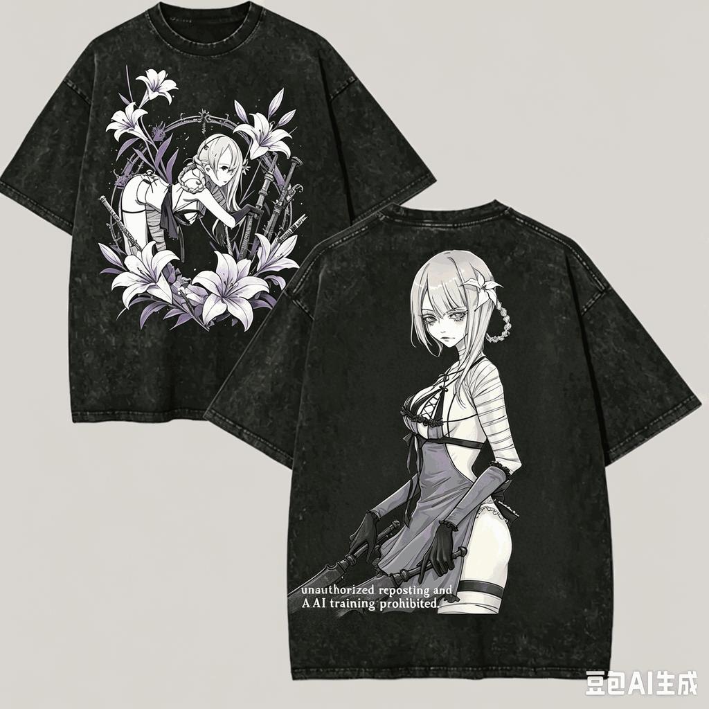 Nier Automata Washed T-shirt Anime Lover Harajuku New Model Unisex Oversized Vintage Loose Streetwear Short Sleeves Couples Soft