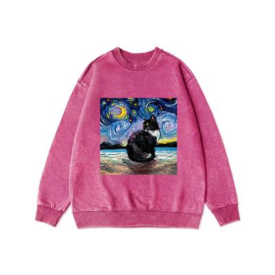 Красивое женское худи с принтом звездных кошек, состаренное, осеннее, с круглым вырезом, оверсайз, из тонкого хлопка, свитшот