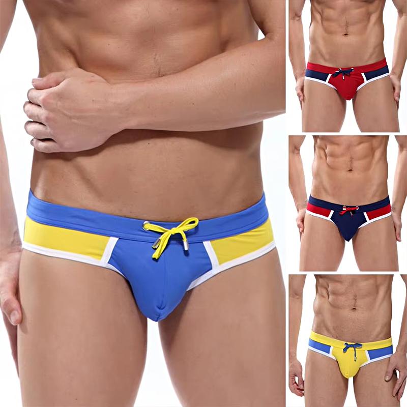 1Pc Color Blocked Sexy Men's Summer Dressing Digital Printing Comfortable Fabric Beach Swimsuit Lace Swimming Trunks