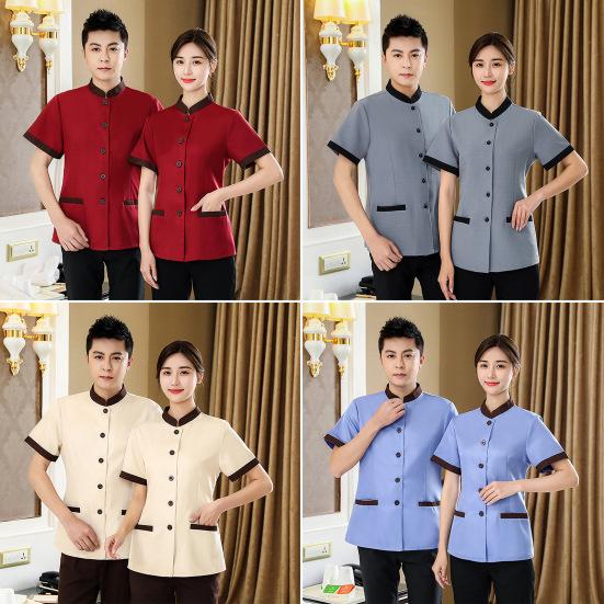 Hotel Housekeeping Uniform Women Slim Fit Top Stand Collar Short Sleeve Single Breasted Pockets Work Uniform Tops