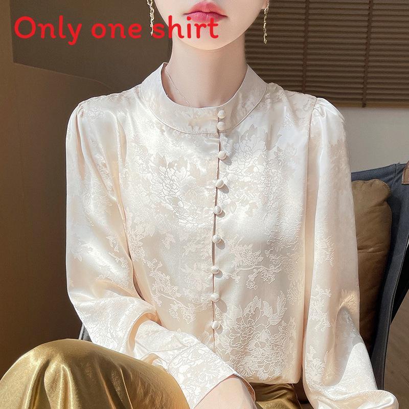 Satin Silk Blouse For Women With Stand Collar And Pockets For Office Casual Wear