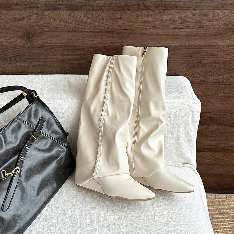 Брюки Сапоги Мода Кожаные Сапоги Мода Осенний Дизайн Жемчуг Острый Носок До Колена Сапоги