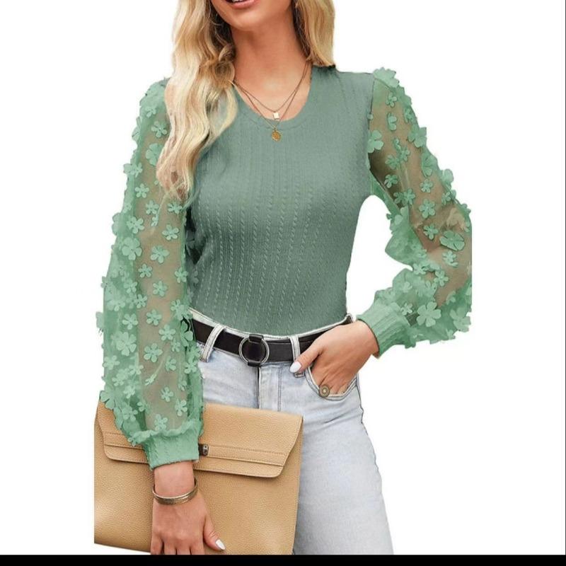 Mesh Small Flower Chiffon Shirt for Women In Spring Summer Round Neck for Slimming Pullover Long Sleeved Top