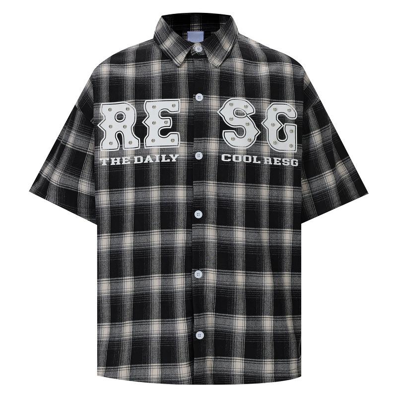 American retro beaded plaid short-sleeved shirt for men and women of the same style, loose summer trend, couple design pearl shirt