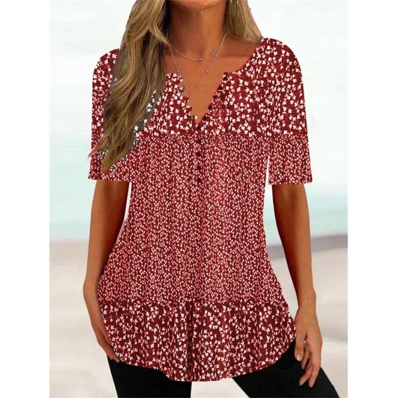 Trendy And Cool Women's Summer Loose V-neck Pullover Short-sleeved Button Printed T-shirt
